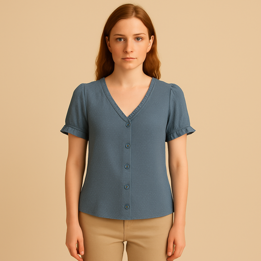 Saviarosa | Women – V-Neck Blouse – Short Sleeves – Relaxed Style